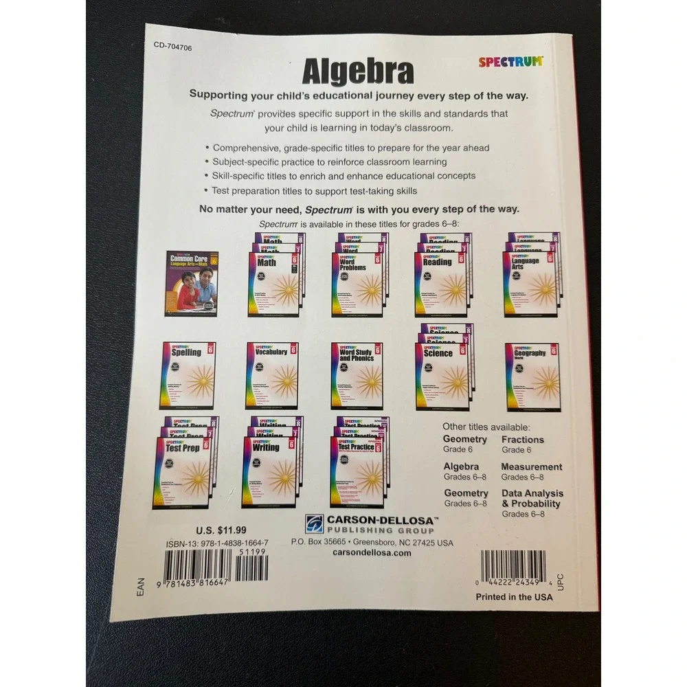 Spectrum Algebra Workbook Grades 6-8‎ Middle School Math Practice